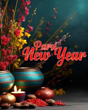 Parsi New Year decorative arrangement with flowers, vases, candles, and fruits.