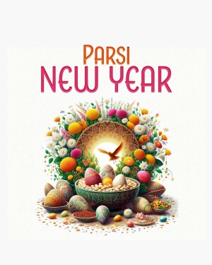 Parsi New Year illustration with floral wreath and traditional elements