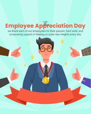 Illustration of an employee receiving appreciation with thumbs up and a medal.