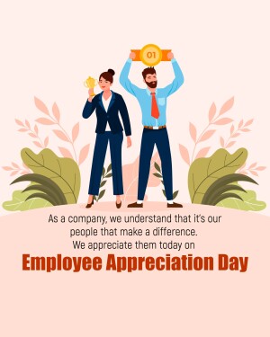 Illustration of a man and woman holding trophies, celebrating Employee Appreciation Day.