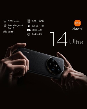 Xiaomi 14 Ultra smartphone with key specifications displayed