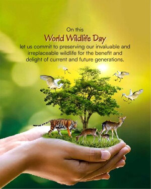 Image depicting hands cradling a miniature landscape with wildlife, celebrating World Wildlife Day.