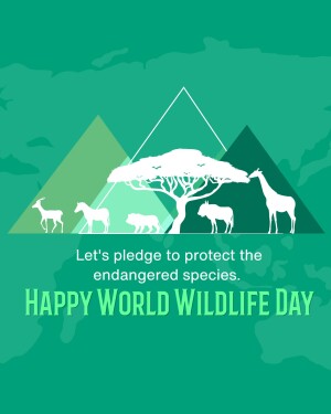 Illustration of African wildlife under a tree with mountains, celebrating World Wildlife Day.