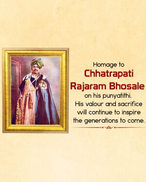 Portrait of Chhatrapati Rajaram Bhosale in a golden frame with text commemorating his punyathithi.