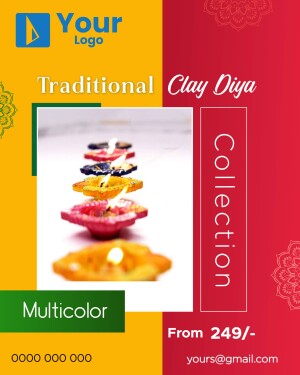 Stack of colorful clay diyas lit with flame for Diwali or festive celebrations