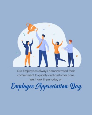 Illustration of a team celebrating with a trophy, thanking employees for their commitment.