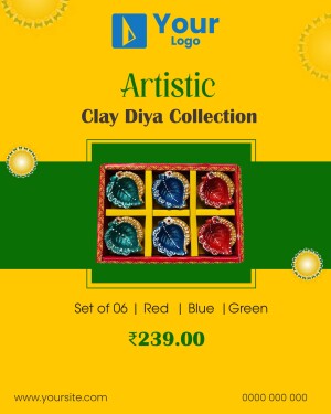 Set of six colorful clay diyas in a gift box