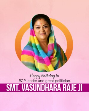 Portrait of Vasundhara Raje with birthday wishes