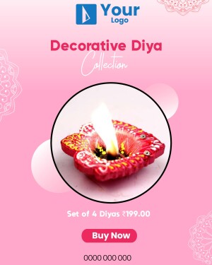 Close-up of a lit, decorative diya with a price tag and 'Buy Now' button.