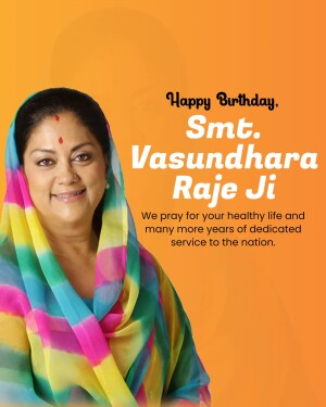 Portrait of Vasundhara Raje with birthday wishes