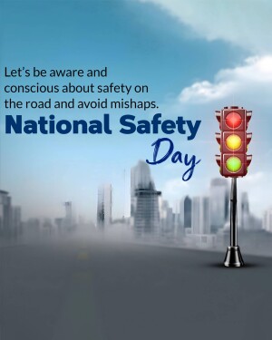 Traffic light with red signal and text promoting National Safety Day