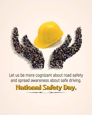 Yellow hard hat resting on hands made of people silhouettes with text promoting National Safety Day and road safety.