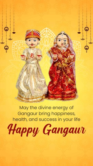 Traditional Indian dolls celebrating Gangaur festival with a festive background and text.