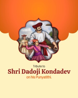 Illustration of Shri Dadoji Kondadev and figures in traditional attire with text 'Tribute to Shri Dadoji Kondadev on his Punyatithi'