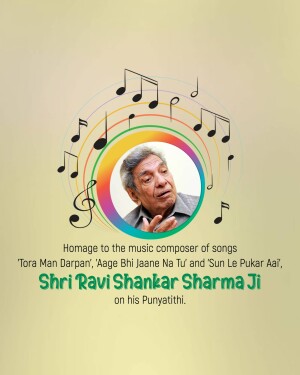 Portrait of Shri Ravi Shankar Sharma Ji with musical notes and rainbow halo