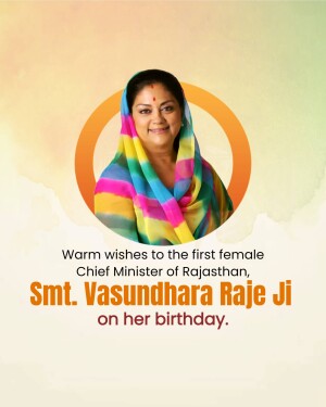 Portrait of Vasundhara Raje with birthday greetings