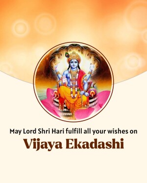 Image of Lord Vishnu seated on a lotus flower with text 'Vijaya Ekadashi'