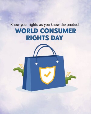 Image promoting World Consumer Rights Day with a shopping bag and shield icon.