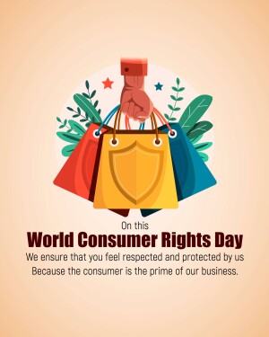 Illustration depicting a hand holding shopping bags with a shield, celebrating World Consumer Rights Day.