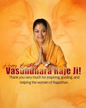 Portrait of Vasundhara Raje with birthday greetings