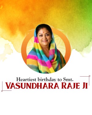 Portrait of Vasundhara Raje with birthday wishes