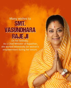 Portrait of Vasundhara Raje with birthday greetings