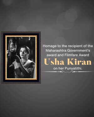 Black and white portrait of Usha Kiran with text commemorating her Punyatithi