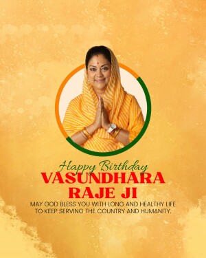Portrait of Vasundhara Raje with Indian flag background and birthday greetings.