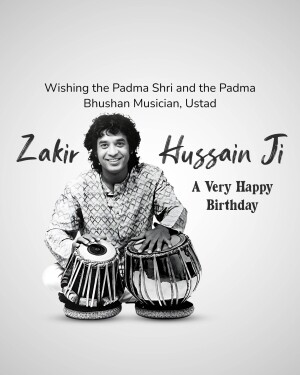 Black and white portrait of Zakir Hussain with his tabla