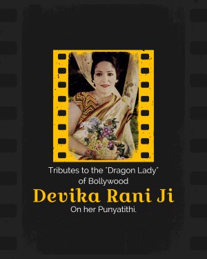Portrait of Devika Rani in a yellow frame with filmstrip borders and text tribute.