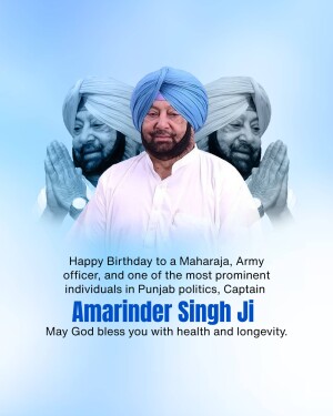 Portrait of Captain Amarinder Singh with faded images of himself in the background, accompanied by a birthday message.