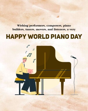 Illustration of a pianist playing a grand piano with musical notes floating around, celebrating World Piano Day.