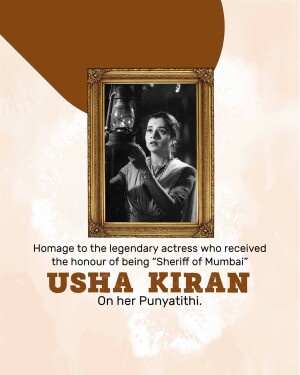 Black and white portrait of Usha Kiran in a golden frame with text honoring her on her Punyatithi.