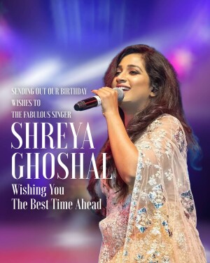 Shreya Ghoshal singing on stage with birthday wishes text overlay