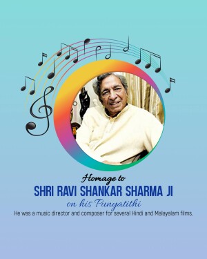 Portrait of Shri Ravi Shankar Sharma Ji with musical notes and a colorful background.