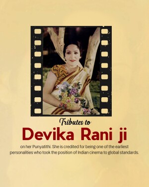 Portrait of Devika Rani in a film frame with text honoring her legacy