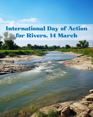 A scenic view of a river with text overlay 'International Day of Action for Rivers, 14 March'