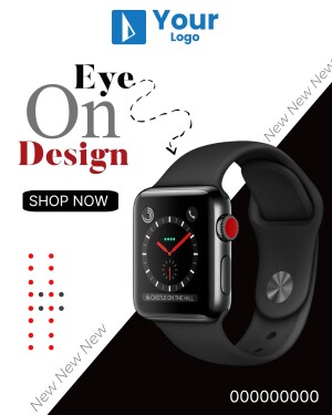 Black smartwatch with a red crown and digital watch face, advertising a design sale.