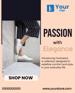 Fashion advertisement featuring a person wearing stylish footwear with the text 'Passion with Elegance'.