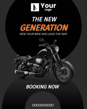 Black motorcycle with orange text promoting bike rides and bookings.