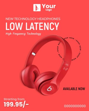 Red wireless headphones with 'Low Latency' text and promotional details.