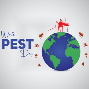 Illustration depicting a globe with various pests like mosquitoes, cockroaches, and ants, with the text 'World Pest Day'.