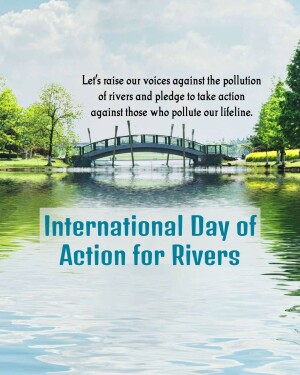 Scenic view of a river with a bridge and text promoting action against pollution.