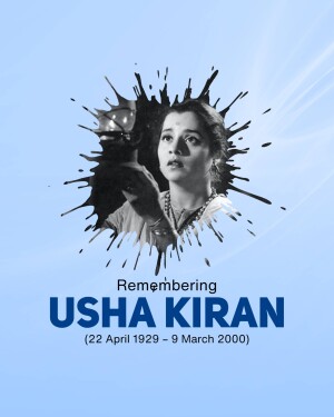 Portrait of Usha Kiran with a splash effect and remembrance text