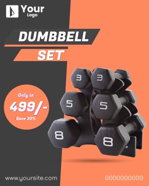 Image of a dumbbell set with a promotional offer.