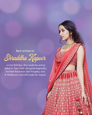 Shraddha Kapoor in a red and gold lehenga with a purple background
