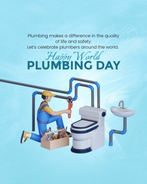 Illustration of a plumber working with pipes and plumbing fixtures for World Plumbing Day