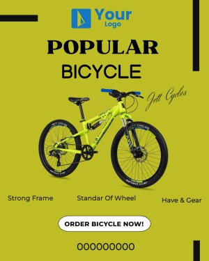 Advertisement for a yellow and black mountain bike with text 'POPULAR BICYCLE'