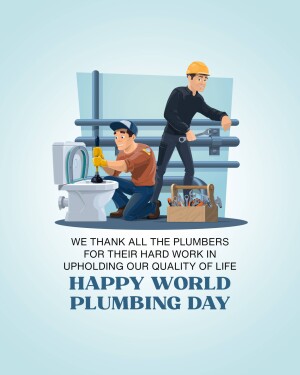 Illustration of two plumbers working on pipes and a toilet, with text celebrating Plumbing Day.