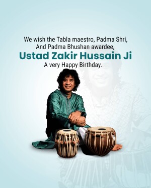 Portrait of Ustad Zakir Hussain with his tabla instruments